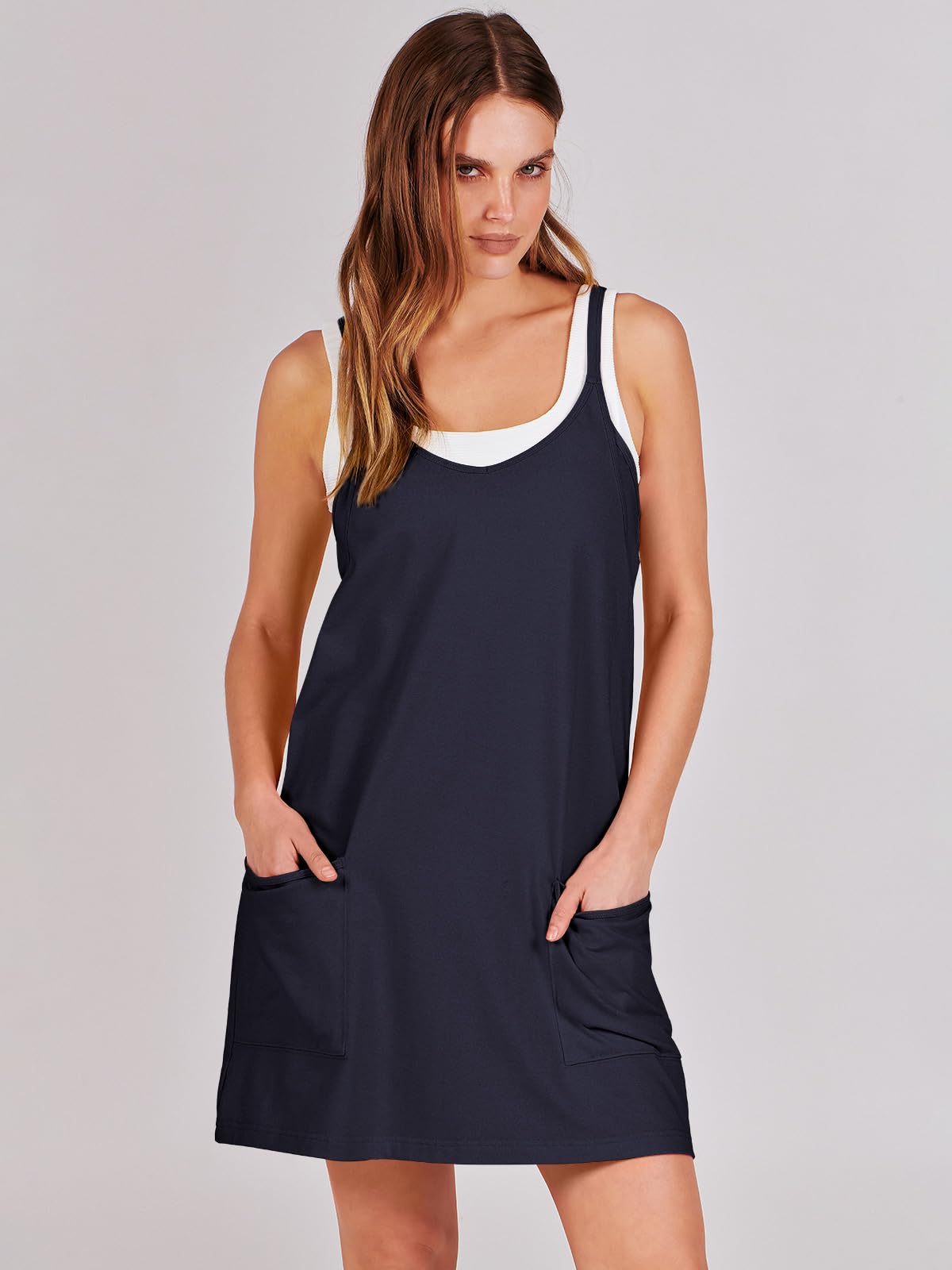 ANRABESS Women Athletic Dress Summer Tennis Workout Active Sports Mini Romper Dress Built in Shorts Travel Vacation Clothes Navy Blue X-Large