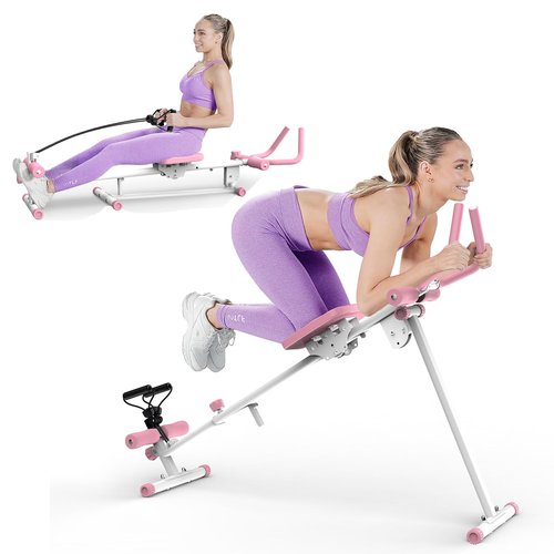 4-in-1 Workout Exercise Equipment, Rowing Machine/Leg Press Machine/Ab Glider Machine/Roman Chair, Fitness Equipment Home Gym for Abdominal & Core Strength Training (Pink)