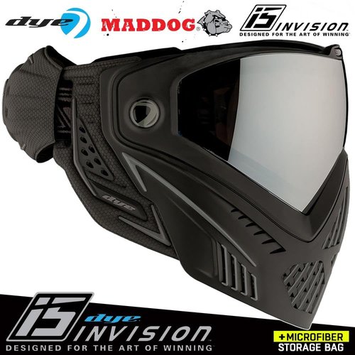 Maddog Dye i5 Thermal Dual-Pane Anti-Fog Lens Paintball Airsoft Mask Goggle System Combo with Microfiber Storage Bag | High Performance Safety Certified Protection - Onyx - Black/Grey