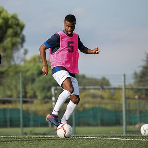 RE-HUO Set of 12 Numbered (1-12) Soccer Vests/Sport Pinnies/Training Bibs with Free Carry Bag(Pink1-12,L)