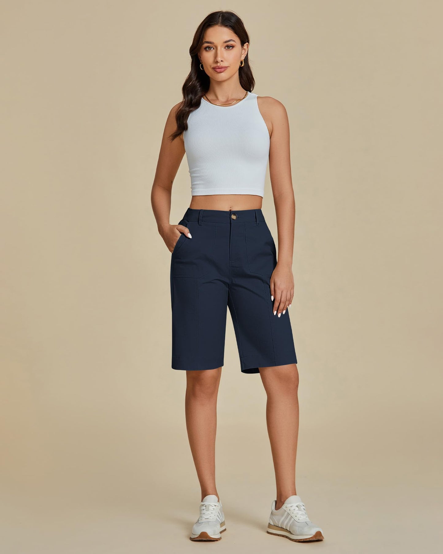 luvamia Bermuda Knee Length Shorts Shorts for Women Trendy Summer Dark Blue Size Large Size 12 14