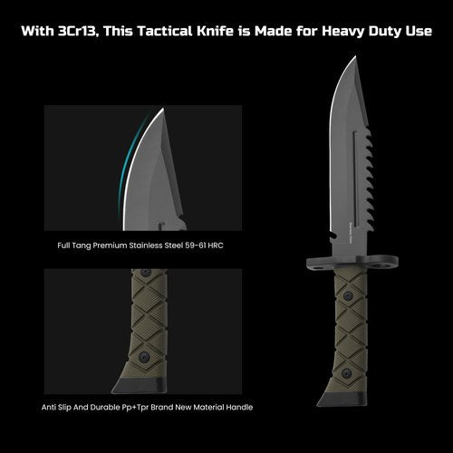 Leopcito 15" Fixed Blade Tactical Knives with Sheath, Stainless Steel Survival Hunting Bushcraft Full Tang Non-Slip Handle Knife with Serrated Blade Back for Camping Adventure EDC