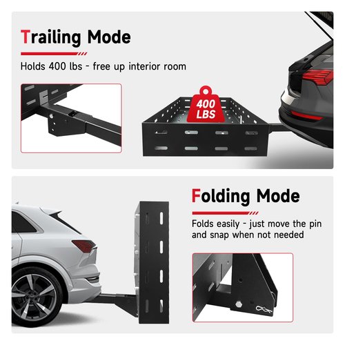 ROADGIVE 46"x20"x5" Foldable Hitch-Mount Cargo Carrier, 400 lbs Capacity, Carbon Steel Trailer Hitch Basket for SUV, Truck, Car with Net & Ratchet Straps