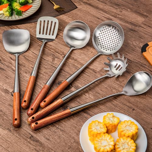 Walnut Handle Stainless Steel Kitchen Utensil Set - 6 PCS Cooking Tools