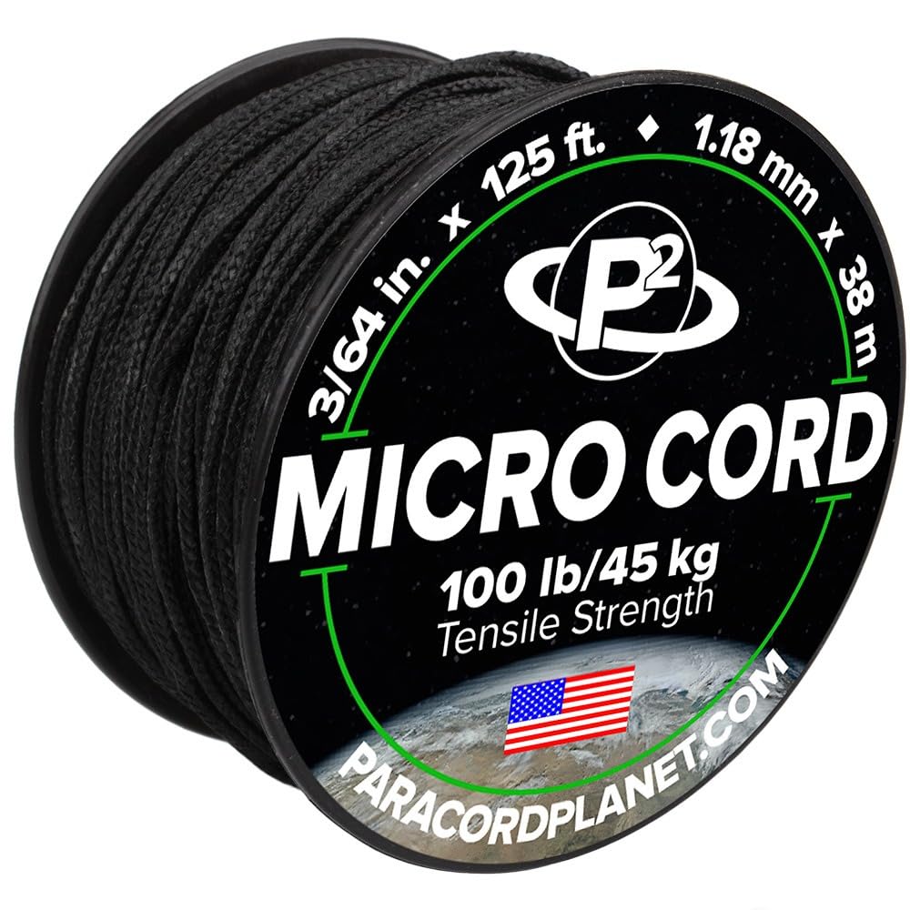 Paracord Planet Micro Paracord – Thin Braided Cord for Crafting, Fishing, and DIY Projects in 125 ft Spools – Black