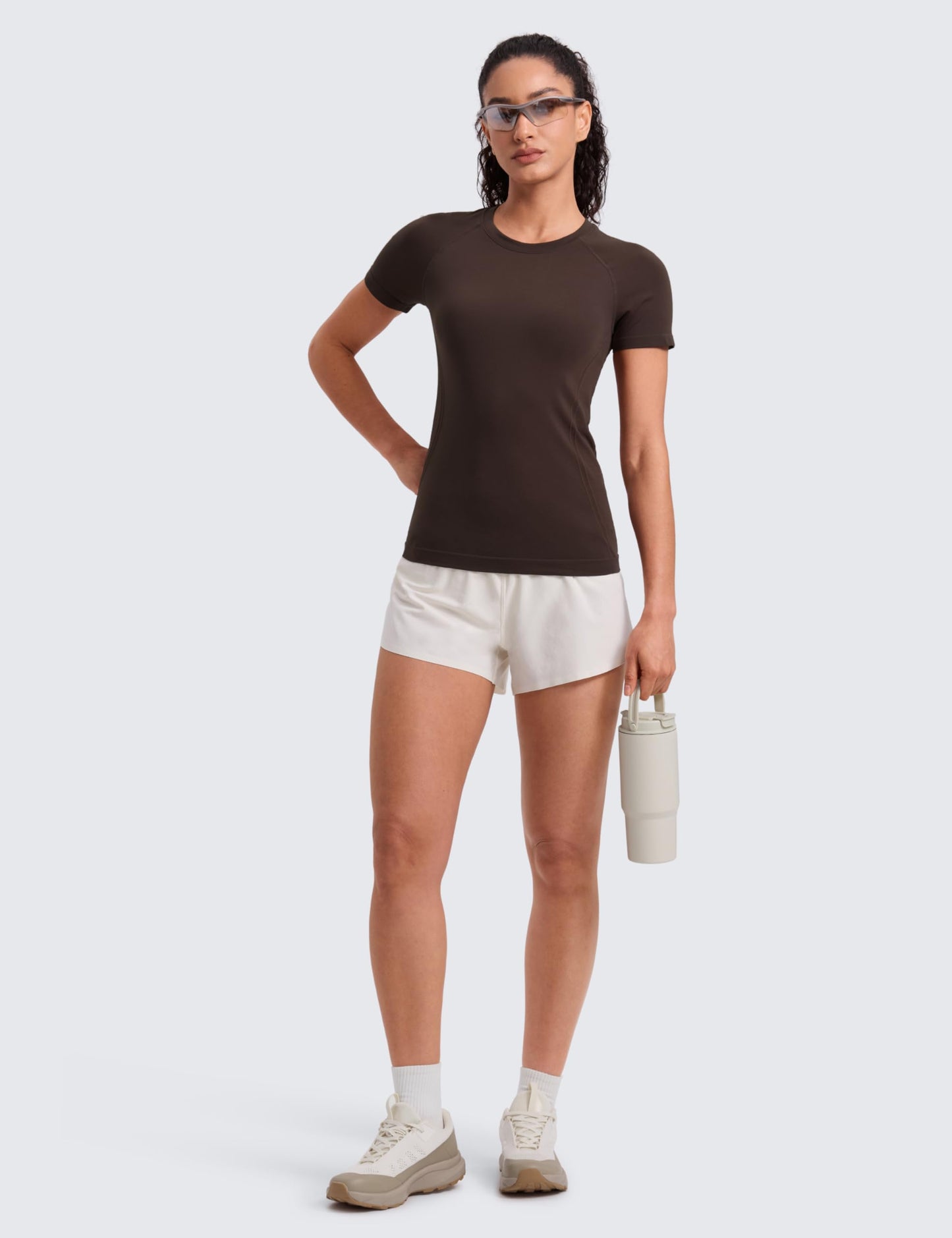 CRZ YOGA Seamless Workout Tops for Women Hip Length - Athletic Running Gym Yoga Short Sleeve Shirts Breathable Crewneck Tees Hot Fudge Brown X-Small