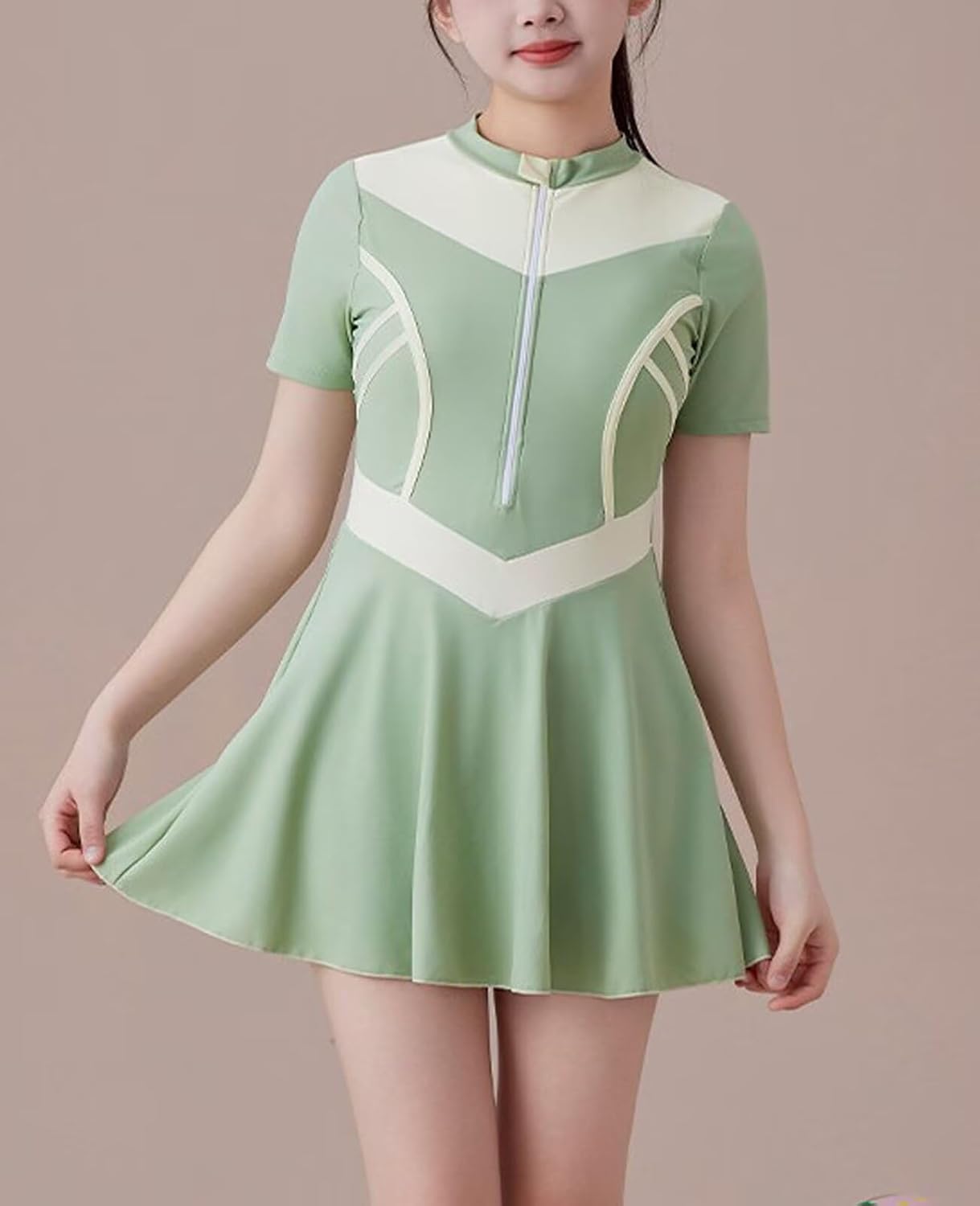 JadeRich Teen Girls One Piece Sporty Swim Dress Short Sleeve Zipper Front Rash Guard Skirted Swimsuit with Built-in Shorts
