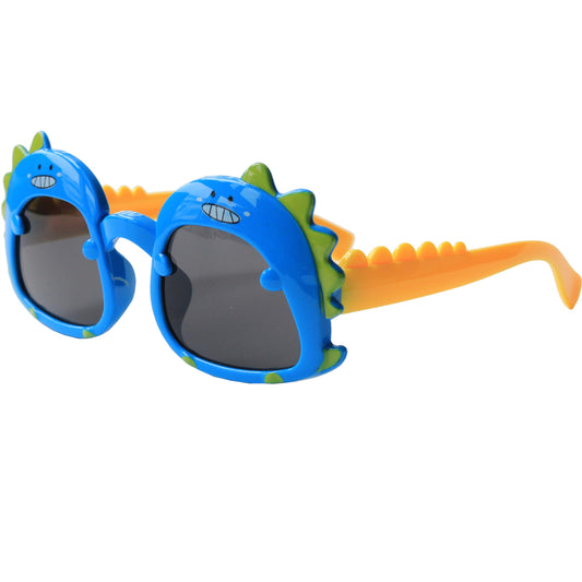 EYEGLASSTOR Dinosaur Cartoon Toddler Sunglasses for Kids Aged 2-6, Blue & Yellow Dark Lenses, UV400 Protection, Secure Fit for Outdoor Play