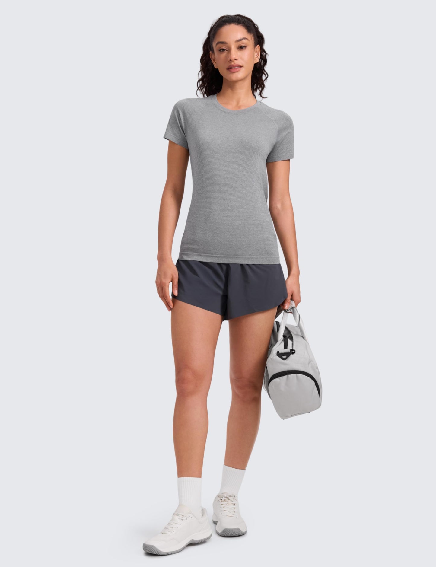 CRZ YOGA Seamless Workout Tops for Women Hip Length - Athletic Running Gym Yoga Short Sleeve Shirts Breathable Crewneck Tees Slate Grey Marl Large