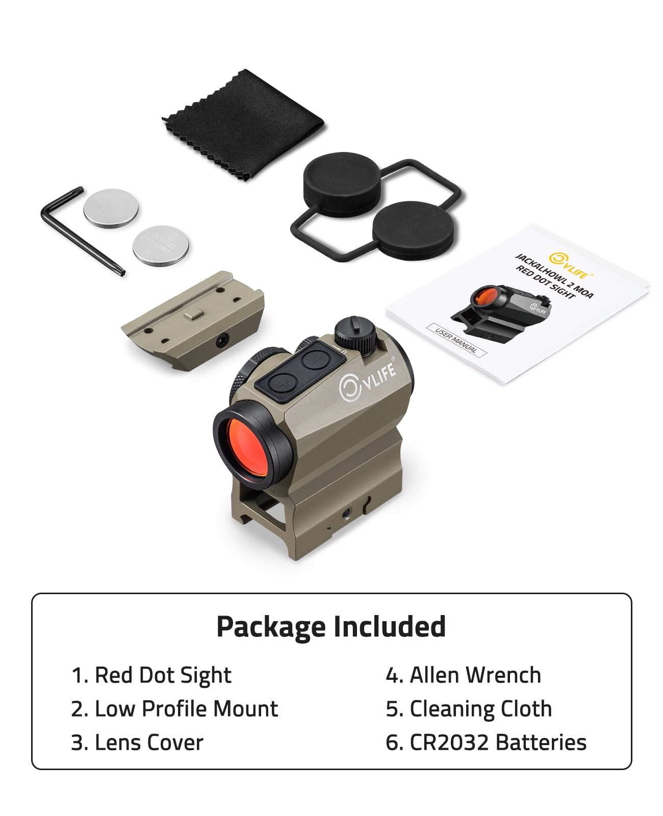 CVLIFE JackalHowl Red Dot Sight, Motion Awake 2 MOA Red Dot Optics, IPX7 Waterproof & Fogproof, 50,000H Battery Life, 1x20mm Compact Red Dot Scope for 21mm Picatinny Rail, Absolute Co-Witness (Sand)