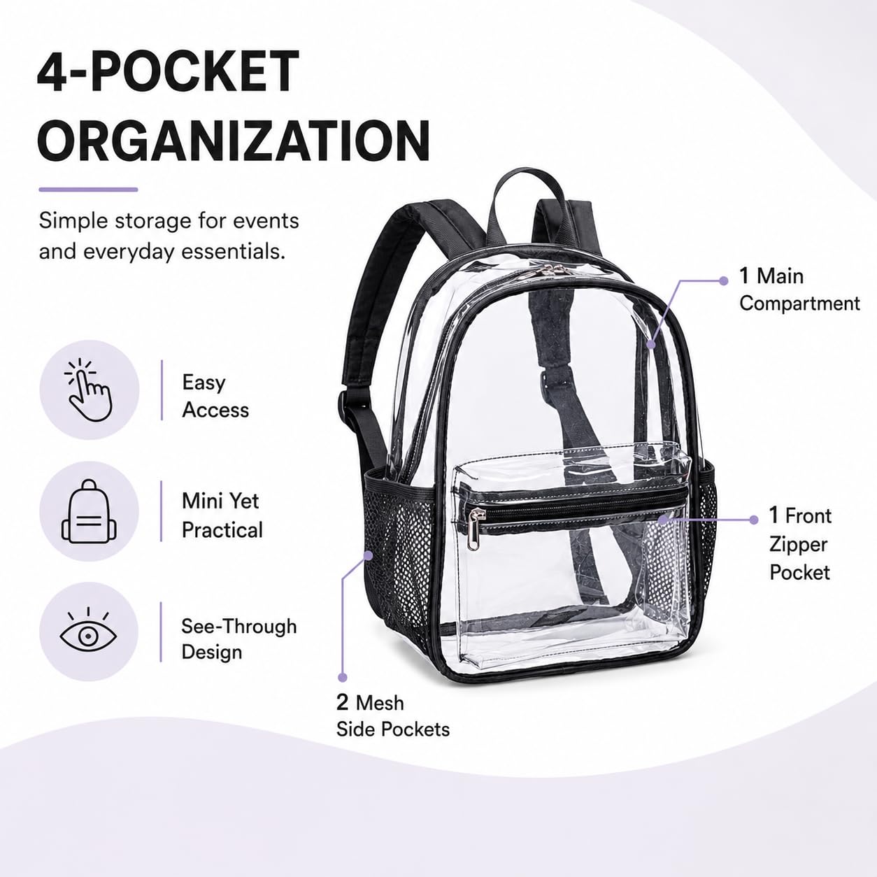 BTOOP Mini Clear Backpack for Stadium Events, 12 x 9 x 5 Inch Transparent PVC Bookbag, Fits Within Common 12x12x6 Stadium Bag Limits, for Concerts, Festivals, Women and Teens