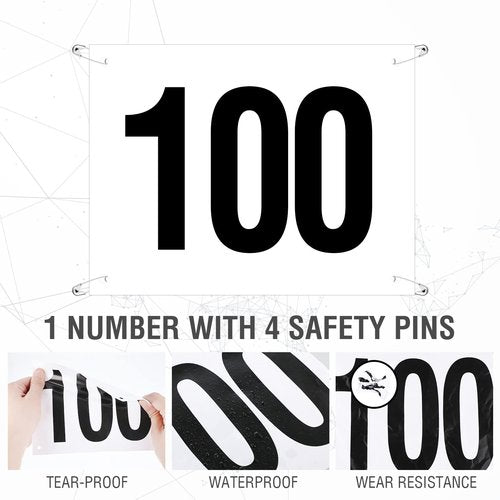Hanaive 100 Pieces Running Bib Numbers with Safety Pins for Marathon Sports Competition Events Tearproof Waterproof, 6 x 7.5 Inch (1-100 Number)