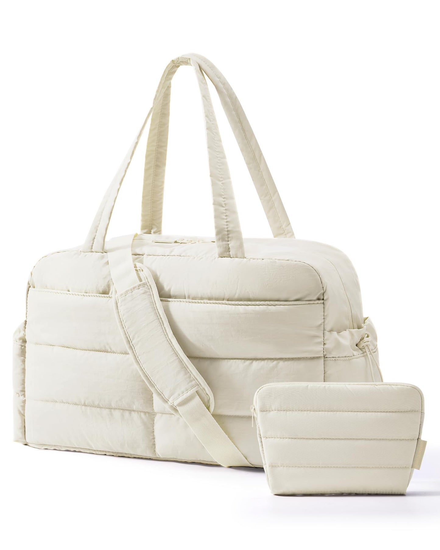BAGSMART Gym Bag for Women, Lightweight Puffer Duffle Bag 2-PC Travel Bag, 31L Weekender Overnight Bag Quilted Carry On Tote Bag, Diaper Hospital Dance Bag for Travel, Gym, Water Resistant, Beige