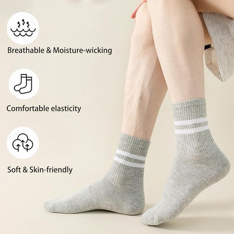 Unisex Striped Crew Socks 12 Pairs - Cotton Mid Crew, Size 5-9