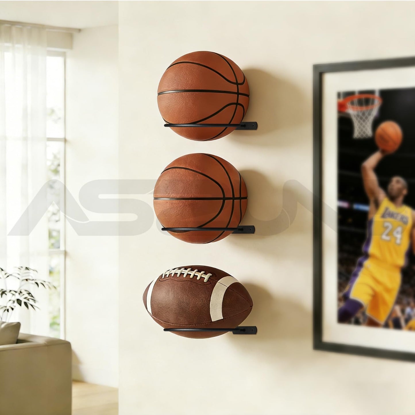 ASZUNE 6Pack Ball Holder Wall Mount Metal Storage Display Rack Black