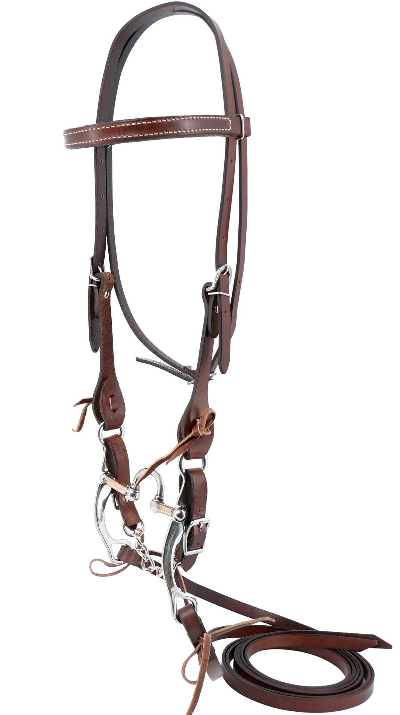 Jeereal Working Tack Browband Bridle with Single Cheek Buckle Includes Stainless Steel 5" Correction Bit,5/8" x 7' Leather Split Reins and Leather Single Flat Link Chain Curb Strap
