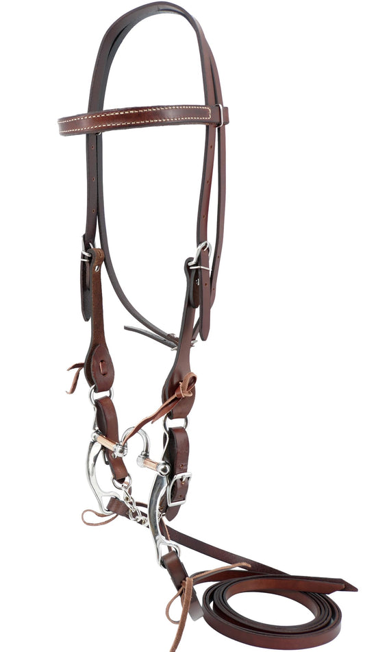 Jeereal Working Tack Browband Bridle with Single Cheek Buckle Includes Stainless Steel 5" Correction Bit,5/8" x 7' Leather Split Reins and Leather Single Flat Link Chain Curb Strap