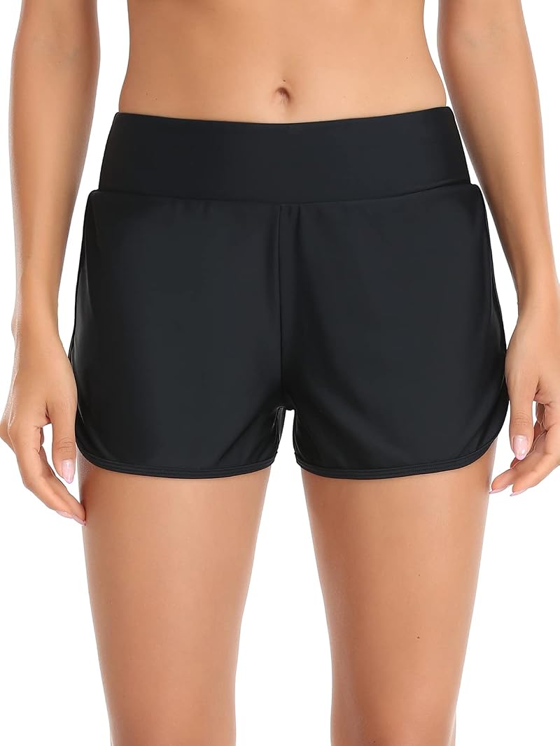 Relleciga Women's High Waist Swim Shorts with Built-in Brief - Black, Medium