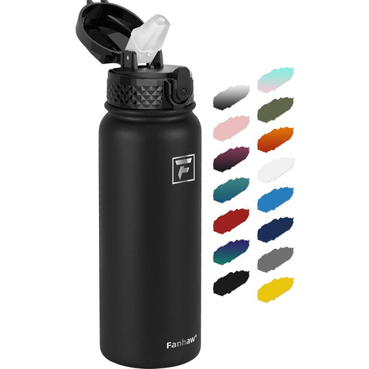 Fanhaw 20 Oz Kids Insulated Stainless Steel Water Bottle with Straw Lid, Leakproof & Anti-Dust Everyday Use Bottle for School, Women & Men, Back to School Essentials (Black)