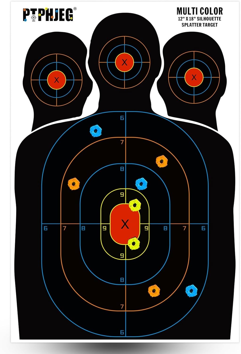 10/25/50 Paper Targets for Packet Ranges, Bulk for Hunting, Silhouette with Red Bullseye, Three Target Points (12x18 inches)