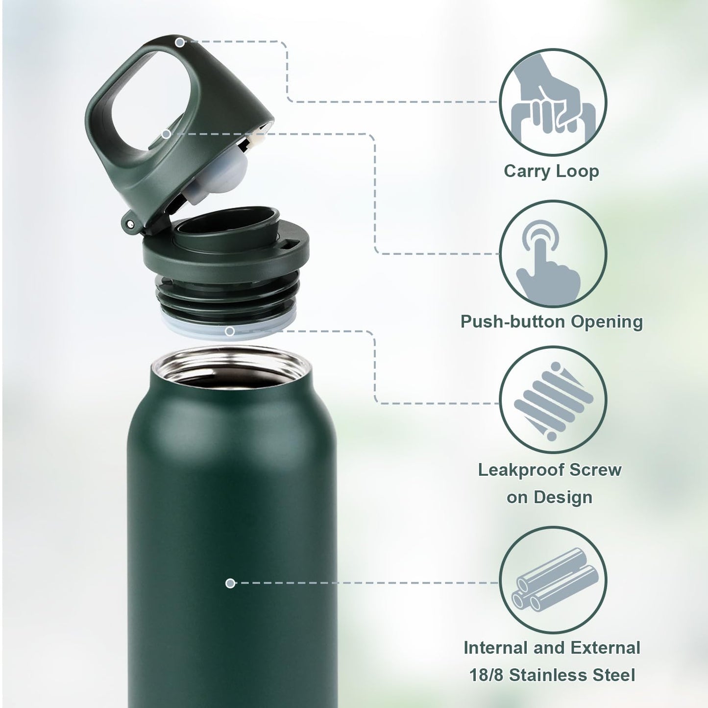 Insulated Thermo Water Bottle with Handle 20oz Stainless Steel Water Bottle Metal Water Flask Water Bottle for Hot and Cold Drink for Hiking, Workout, Gym, Travel (Purple, 600ml)