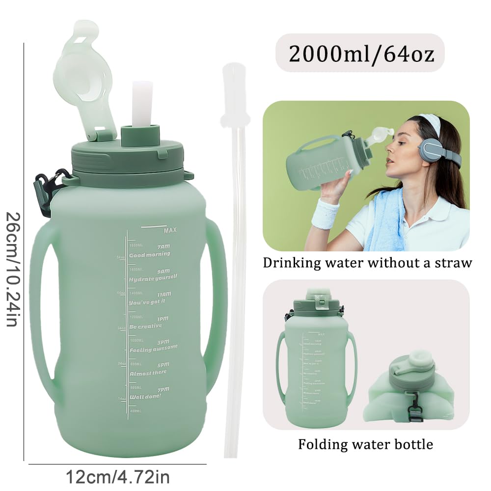 LELExilan 64oz Foldable Silicone Water Bottle with Straw, BPA-Free Motivational Time Marker, Leakproof Collapsible Water Jug with Handle for Gym, Sports, Camping & Outdoor Activities (Green)