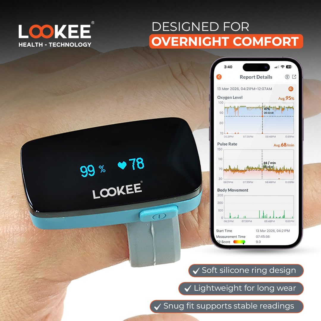 LOOKEE O2-Tracker Ring Continuous Pulse Oximeter - Wearable Oxygen Monitor with Vibration Reminder for Low O2 - Rechargeable Blood Oxygen Saturation SpO2 Meter - Free APP with Reports