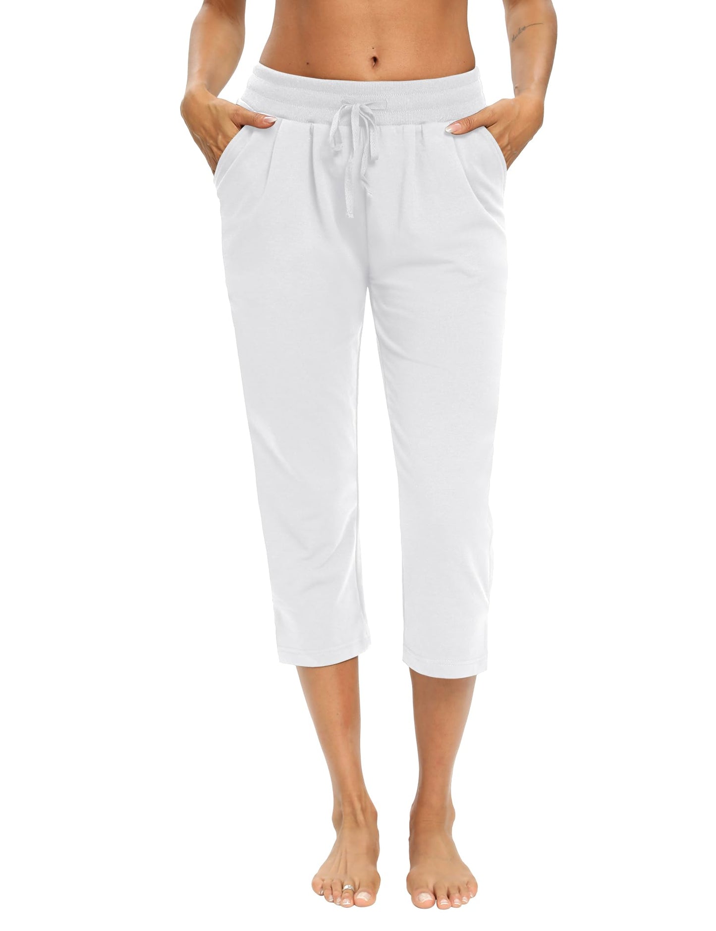 LEXISLOVE Capris for Women Casual Summer Wide Leg Crop Pants Loose Comfy Drawstring Yoga Jogger Capri Pants with Pockets White XL