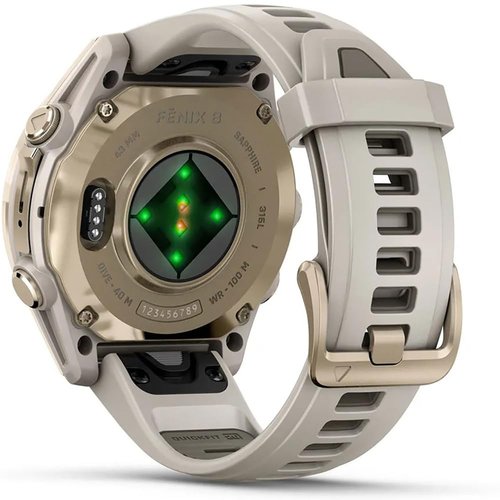 Garmin 010-02903-10 Fenix 8 43 mm, AMOLED, Sapphire, Soft Gold with Fog Gray Sandstone Silicone Band Bundle with Tech Smart USA Fitness & Wellness Suite + Round Tempered Glass Screen Protector