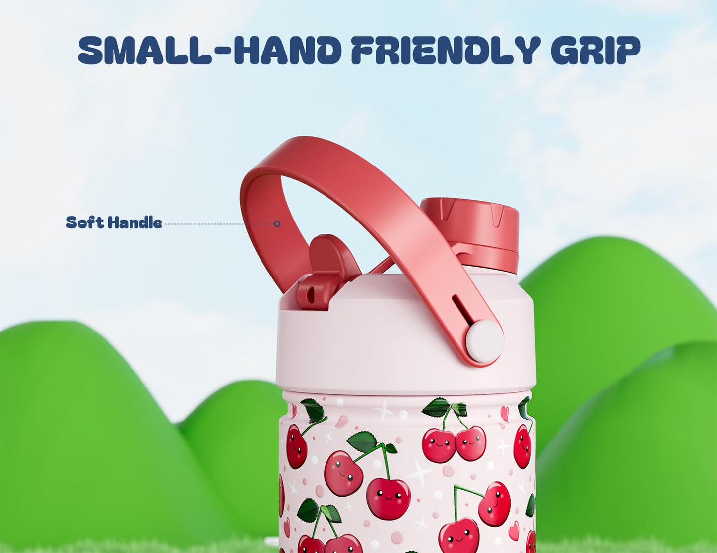 12 oz Kids Water Bottle for Girls: Leakproof, Durable Straw Spout Lid, 24H Cold, with Leather Sleeve, Easy Carry, Insulated Stainless Steel Cup for School, Travel, Camping, Daily (Giggly Cherry)