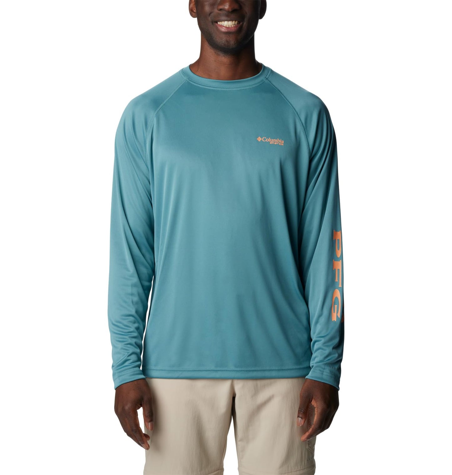 Columbia Men's Terminal Tackle Long Sleeve Shirt, Tranquil Teal/Orange Reef Logo, 4X Big