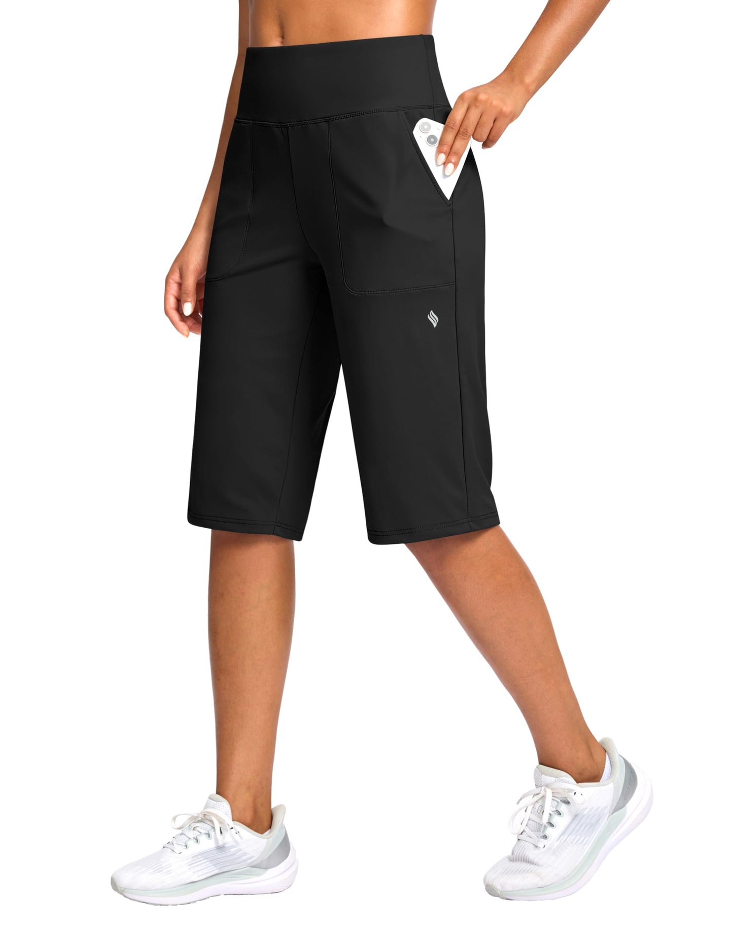 SANTINY 14" Shorts for Women Knee Length with Pockets High Waisted Stretch Long Bermuda Shorts for Summer Dressy Casual (Black L)