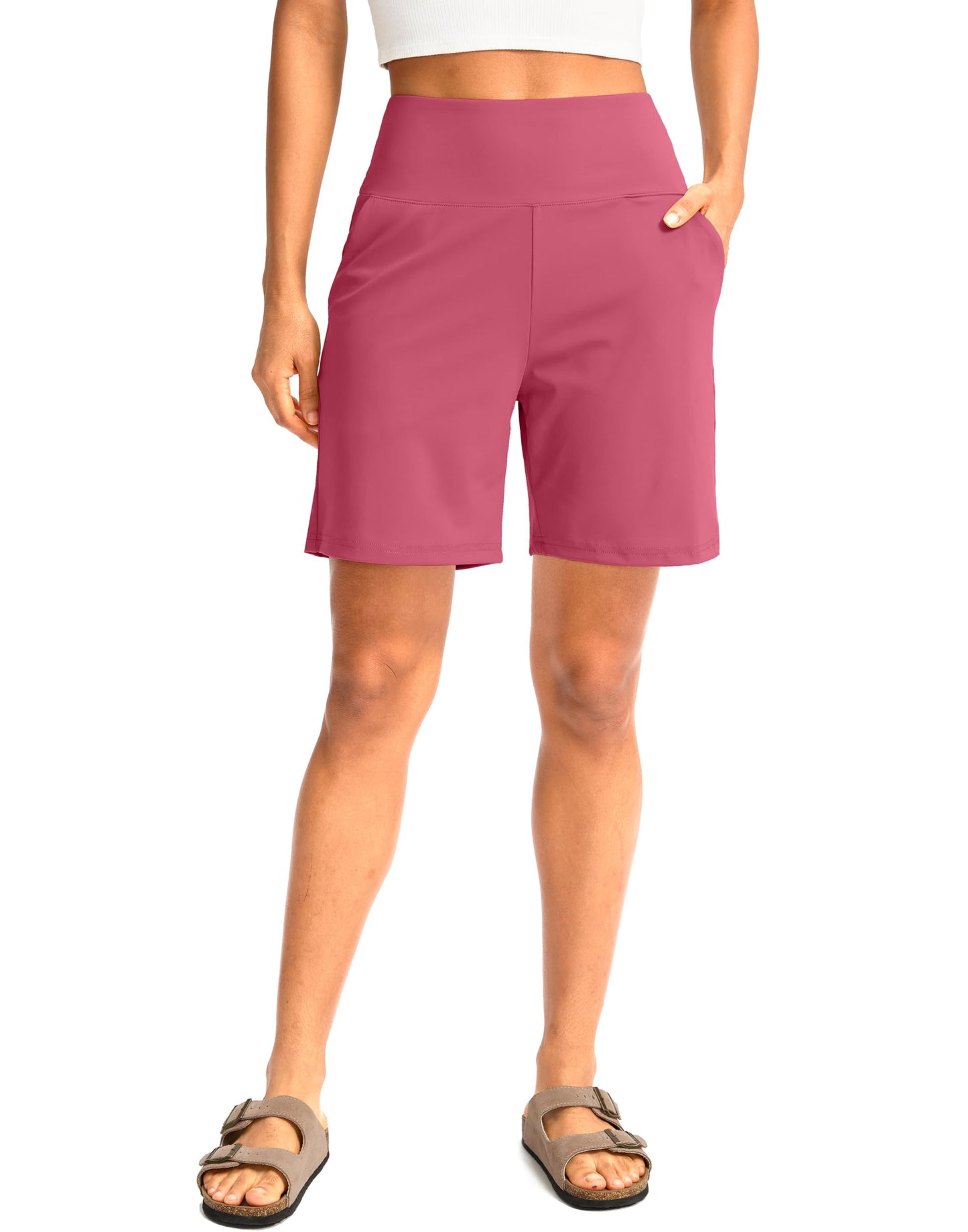 G Gradual Women's Bermuda Long Shorts with Pockets 7" High Waisted Knee Length Shorts for Women Walking Athletic Workout(Briar Rose-L7,XL)