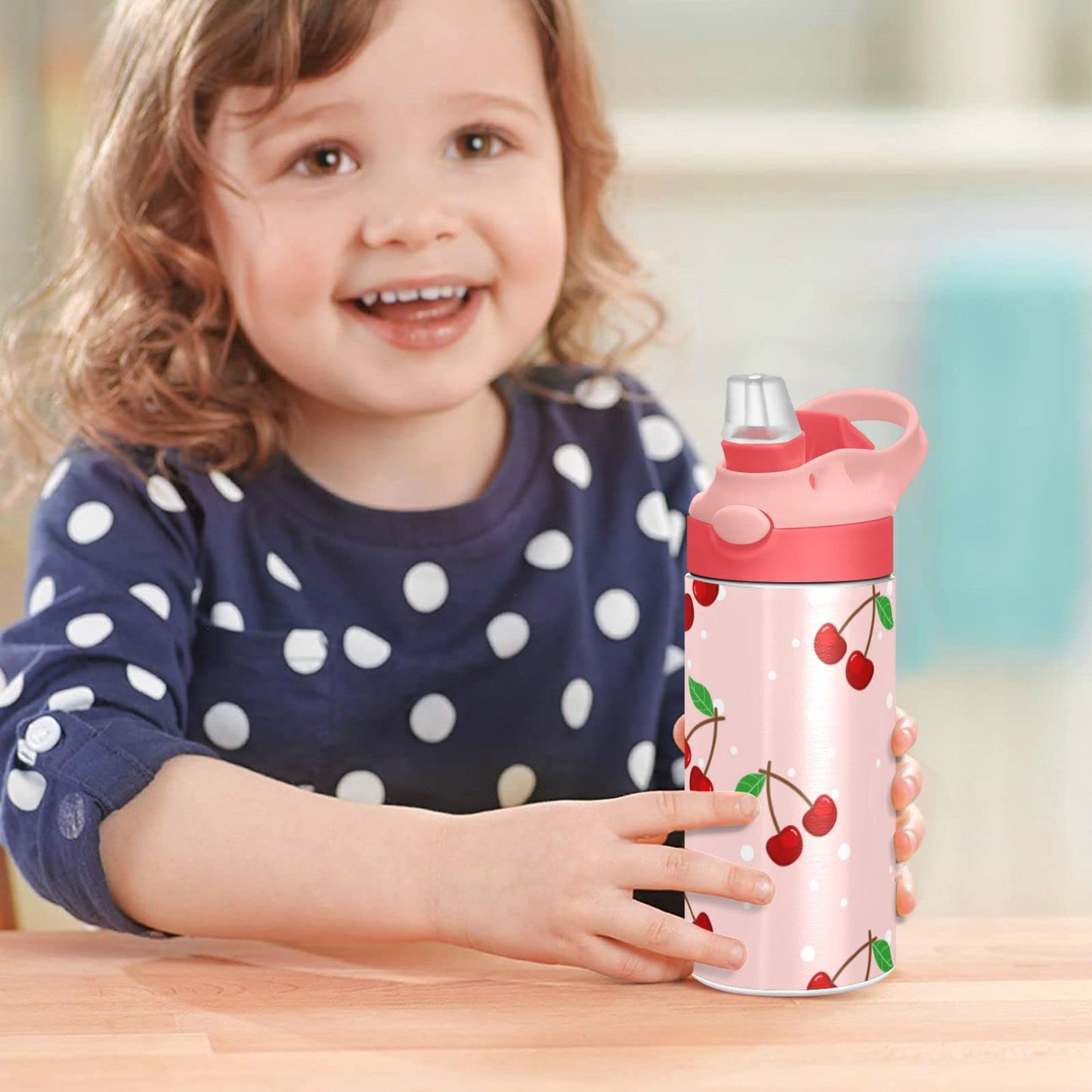 JUMBEAR Cherry Water Bottle with Straw Lid, Leakproof Double Walled Vacuum Insulated Stainless Steel Thermo Flask Travel Tumbler for Kids, Girls