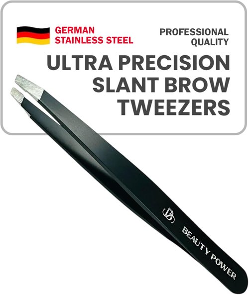 Beauty Power Ultra-Precision Professional Slant Tweezers for Women Facial Hair - German Stainless Steel, Lightweight Black Tweezers for Women & Men, Ideal for Eyebrow & Facial Grooming (Matte Black)