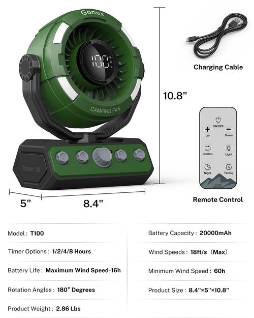 Gonex Camping Fan, Portable Fan Rechargeable 20000mAh Battery Powered Variable Speed Control Desk Fan with Light & Remote for Camping, Travel, Bedroom, Home, Fishing, Jobsite - Green