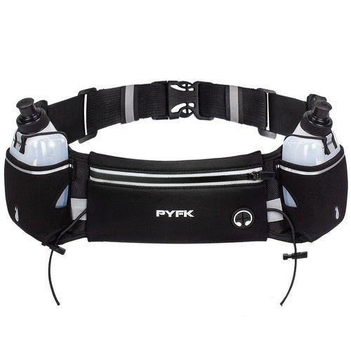 PYFK Upgraded Running Belt with Water Bottles, Hydration for Men and Women, Bottle Holder Pouch Belt, Fanny Pack Fits 7 inches Phones, Waist pack Runner Jogging (Black)