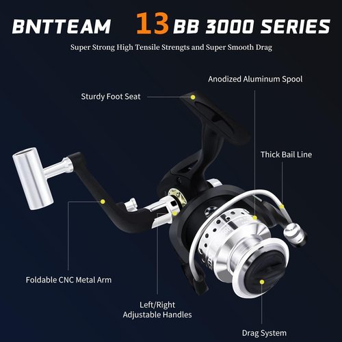 BNTTEAM Portable Fishing Spinning Rod and Reel Combo Set Carbon Fiber Fluorescent Rod Tip, with Fishing Lures Line Carrier Bag Kits for Travel Surf Saltwater Freshwater (Sliver, 2.1M/82.6in/6.88ft)