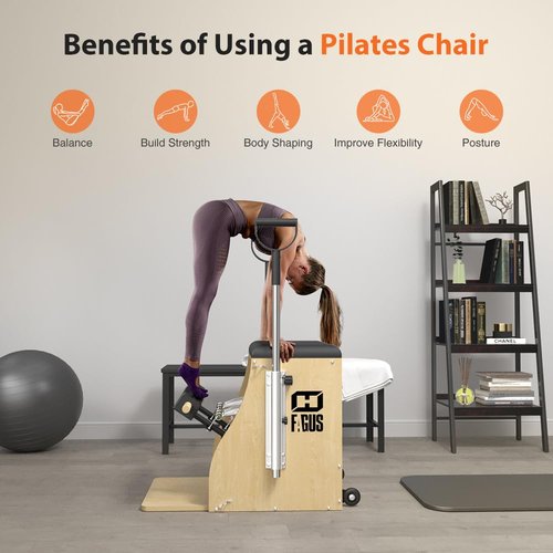 FAGUS H Pilates Pro Chair, Split-Pedal Stability Combo Chair with Handles, Yoga Fitness Trainer, Pilates Reformer Machine, Pilates Equipment Perfect for Home Use & Gym Workout, Burlywood / Black Pad
