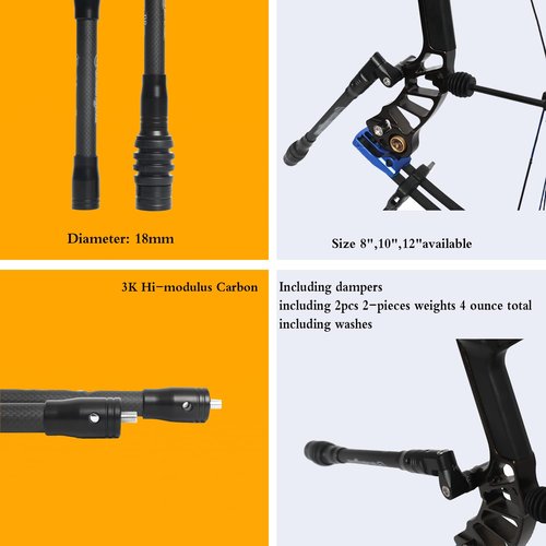Perogen Archery Bow Stabilizer for Compound Bow Hunting 3K High Modulus Carbon Including dampers, Light Weighted, 8",10",12" in (8 inches)