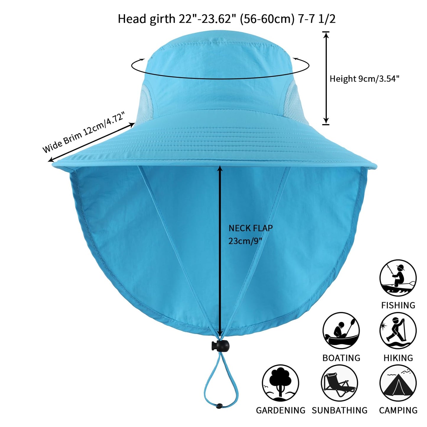 Home Prefer Outdoor UPF50+ Sun Hat Wide Brim Mesh Fishing Hat with Neck Flap (Aqua Blue)