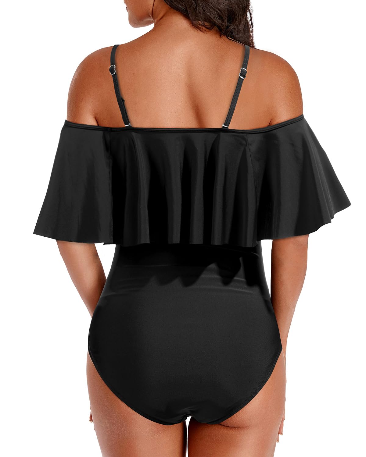 Holipick Black Women Strapless One Piece Swimsuits Tummy Control Bathing Suit Ruffle Off Shoulder Swimwear with Sleeves L