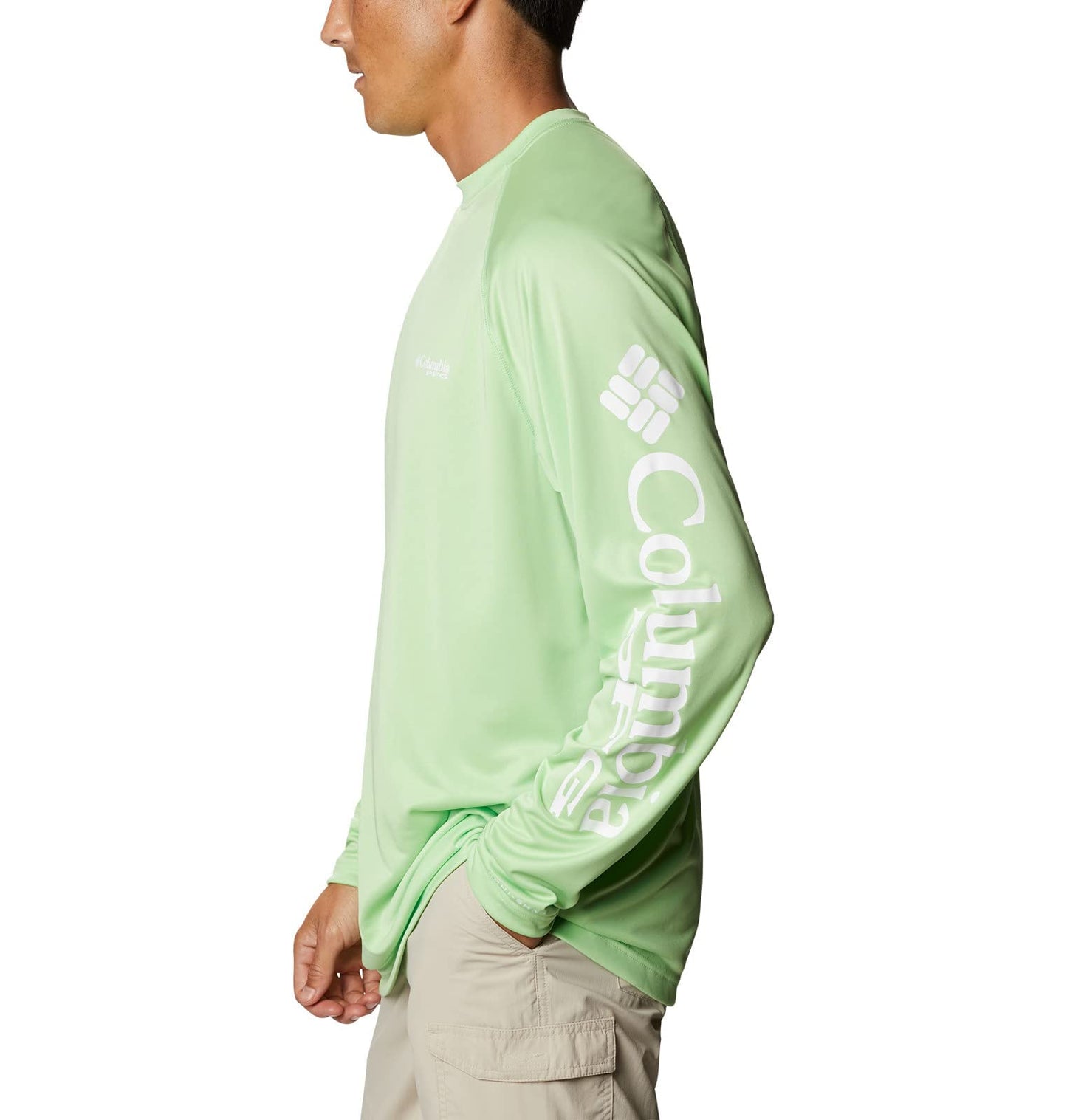 Columbia Men’s PFG Terminal Tackle Long Sleeve Shirt, Sun Protection, Lime Glow/White Logo, X-Small