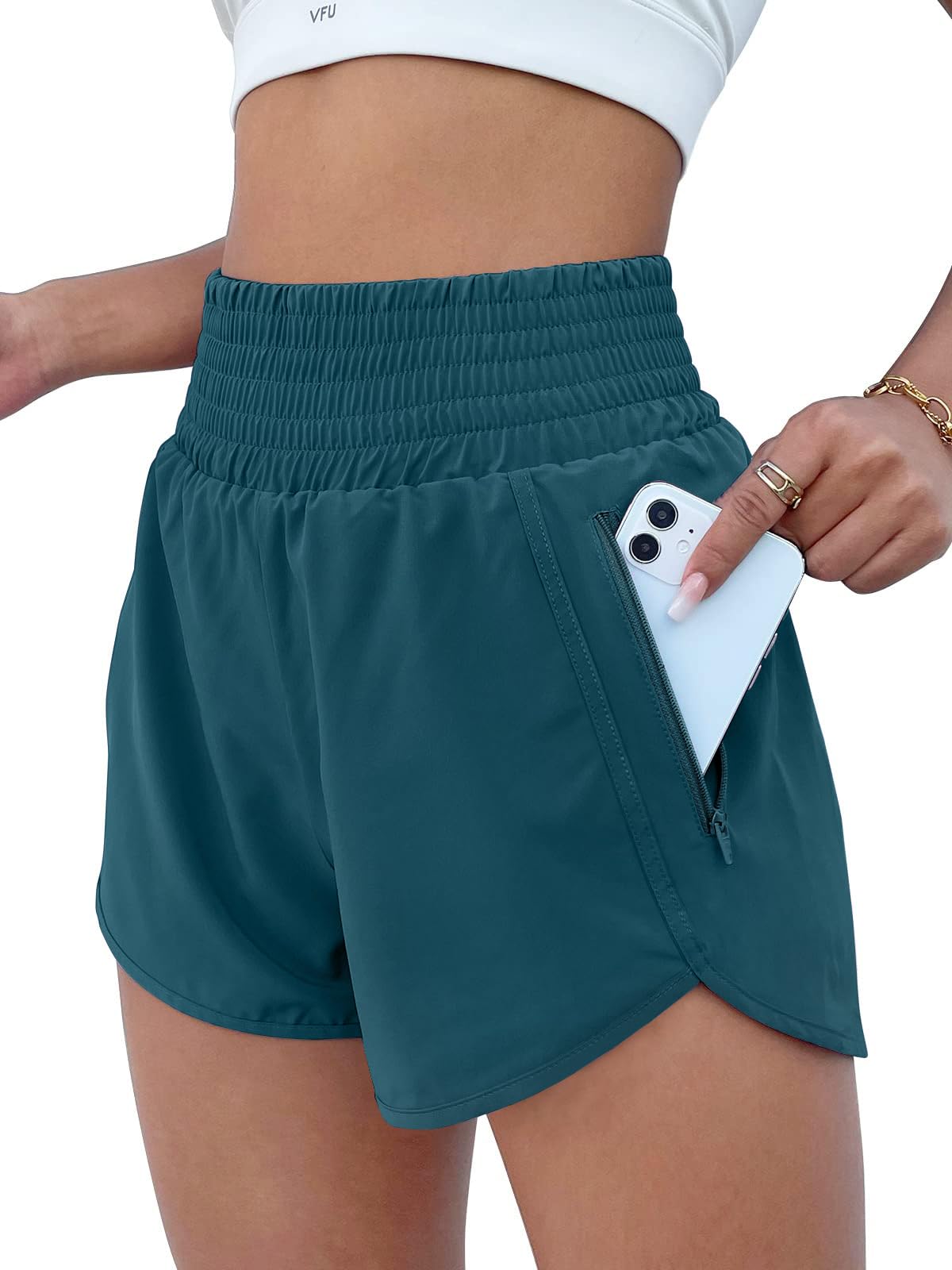 BMJL Women's Athletic Shorts High Waisted Running Short Pocket 2.5" Sporty Shorts Gym Elastic Workout Shorts(L,Borealis Blue)