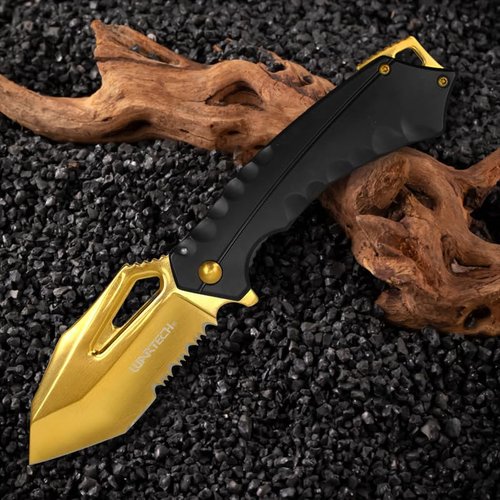 EDC Tactical Outdoor Knife - 4.5" Closed Assisted Open Pocket Folding Knife with Stainless Steel Handle - Made of 440 Stainless Steel, GOLD (PWT394BK)