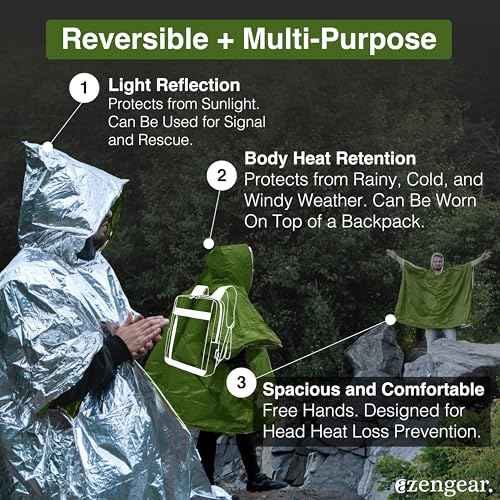 aZengear Emergency Survival Poncho (4pc) Thermal Mylar Foil Blanket for Heat Retention and Rain | Reversible with Hood | Waterproof, Windproof, Portable, Hands-Free, Outdoor Kit (Green)