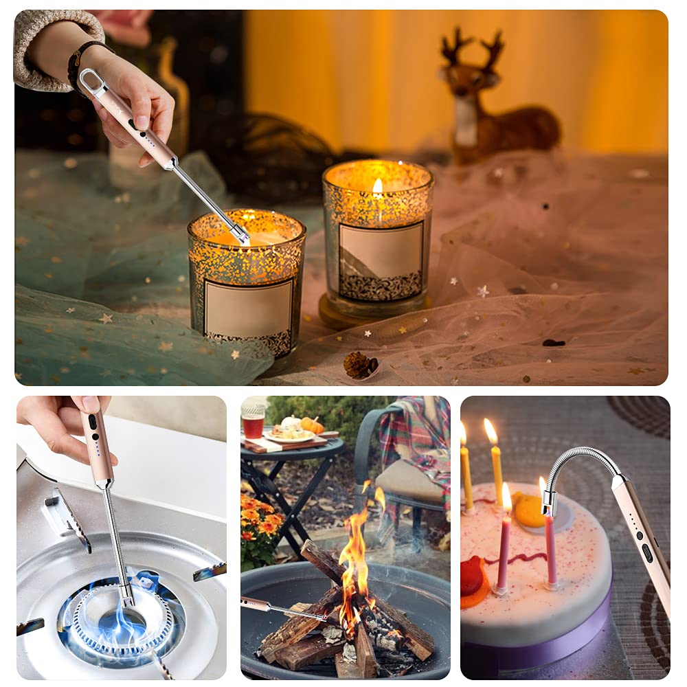SUPRUS Lighter Rechargeable USB Lighter Arc Electric Lighetrs with Safety Switch 360° Flexible Neck Flameless Grill Long Lighters for Candle Camping Cooking (Champagne Gold)