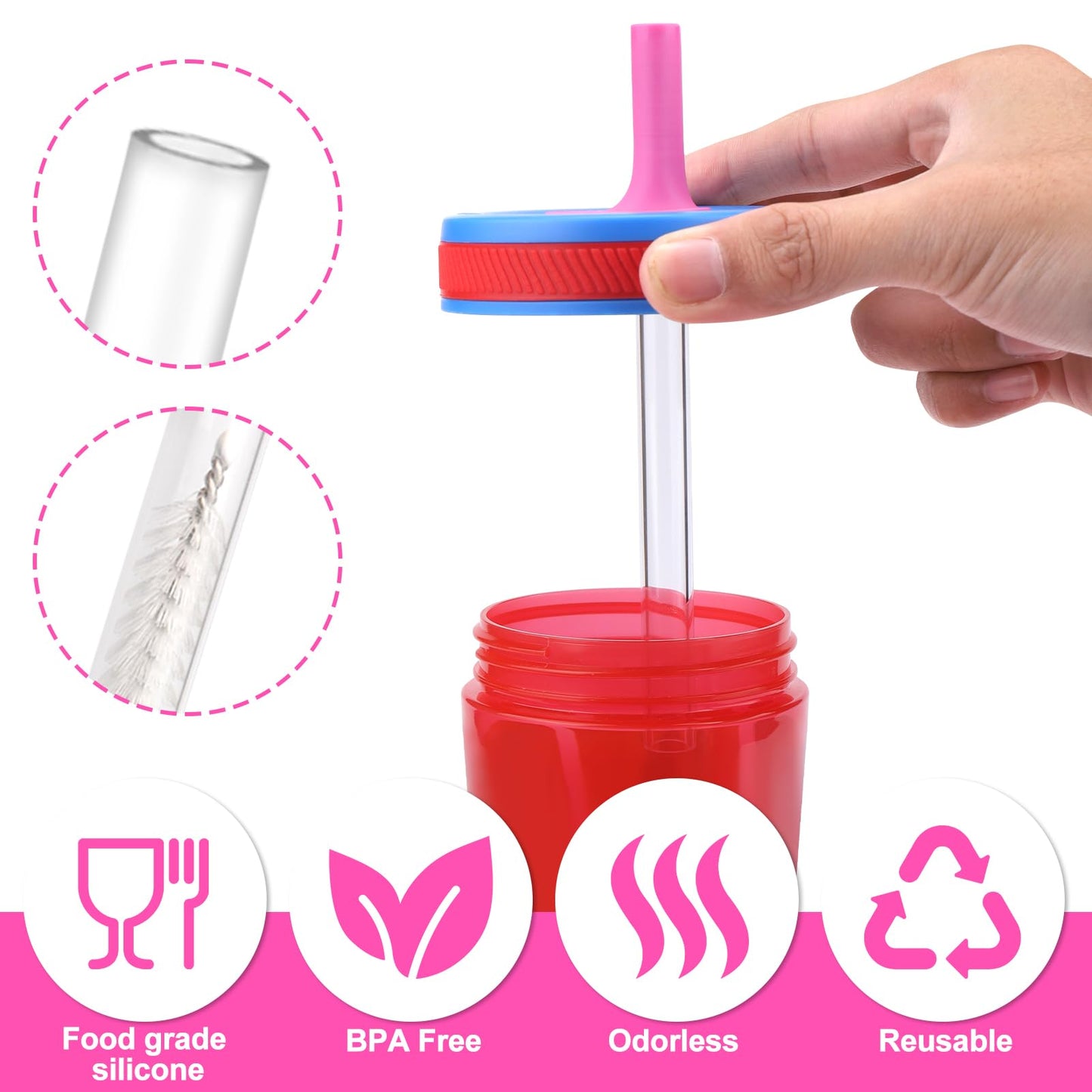 XANGNIER Replacement Straws and Bite Valve Compatible with Zak Designs Kelso 15 oz Tumbler Water Bottle,4 Pcs Silicone Straws with Cleaning Brush for Zak Designs Kelso 12 oz Cups,Hot Pink