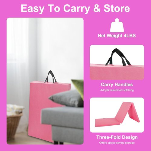 Foldable Exercise Mat 6/8/10 - PU Leather Gym Mat for Yoga, Stretching, Aerobics, Tumbling, Cheerleading, Martial Arts - Non-Slip Home Workout Mat with Hook & Loop Fastener - Versatile Fitness Mat for Gymnastics (pink, 6x2x2)