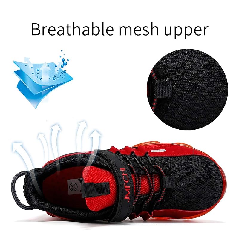 Kids Sneakers Running Shoes Boys Girls Knitted Mesh Elastic Lace Black/Red-8100+8